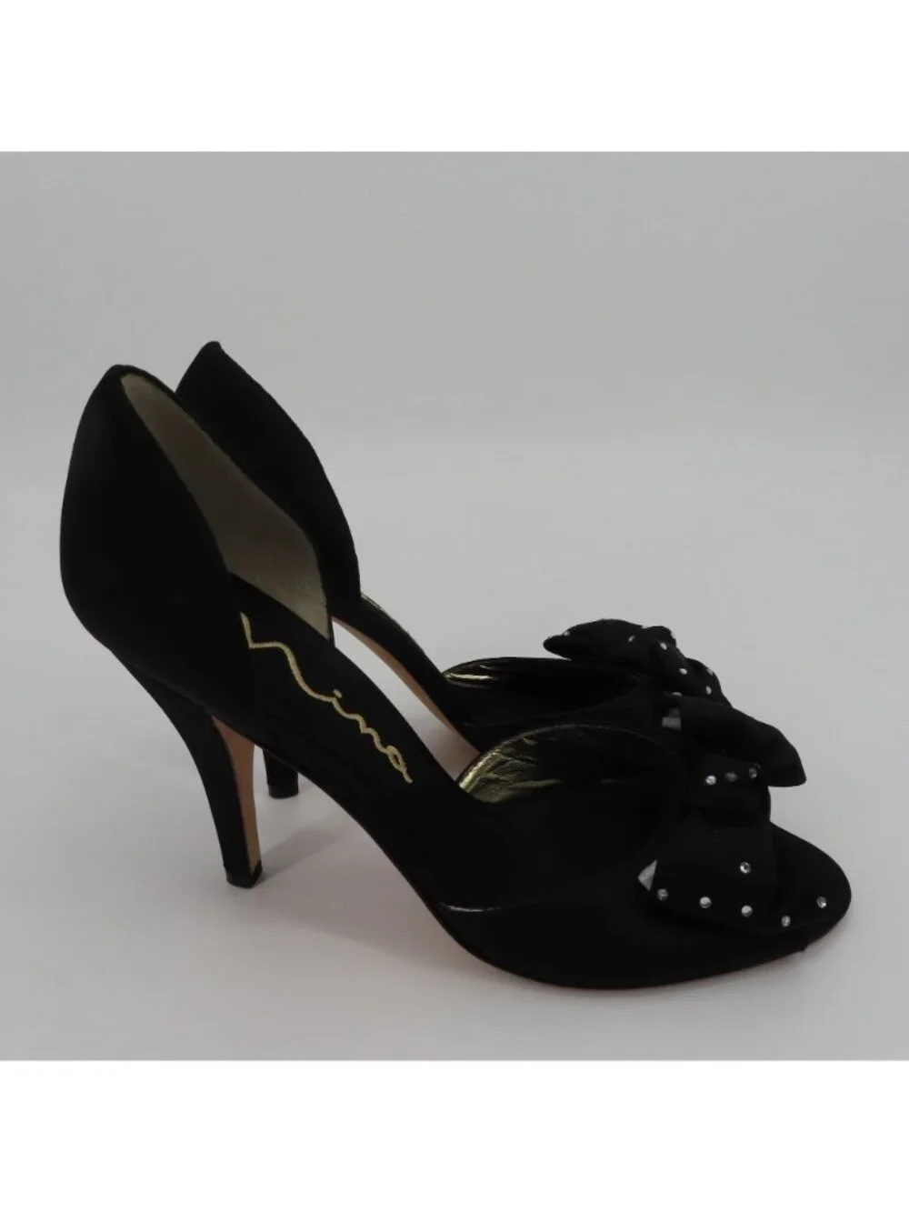 Nina Women 9.5 M Black Satin Fabric Bow Rhinestone Peep Toe Dorsay Heels Shoes